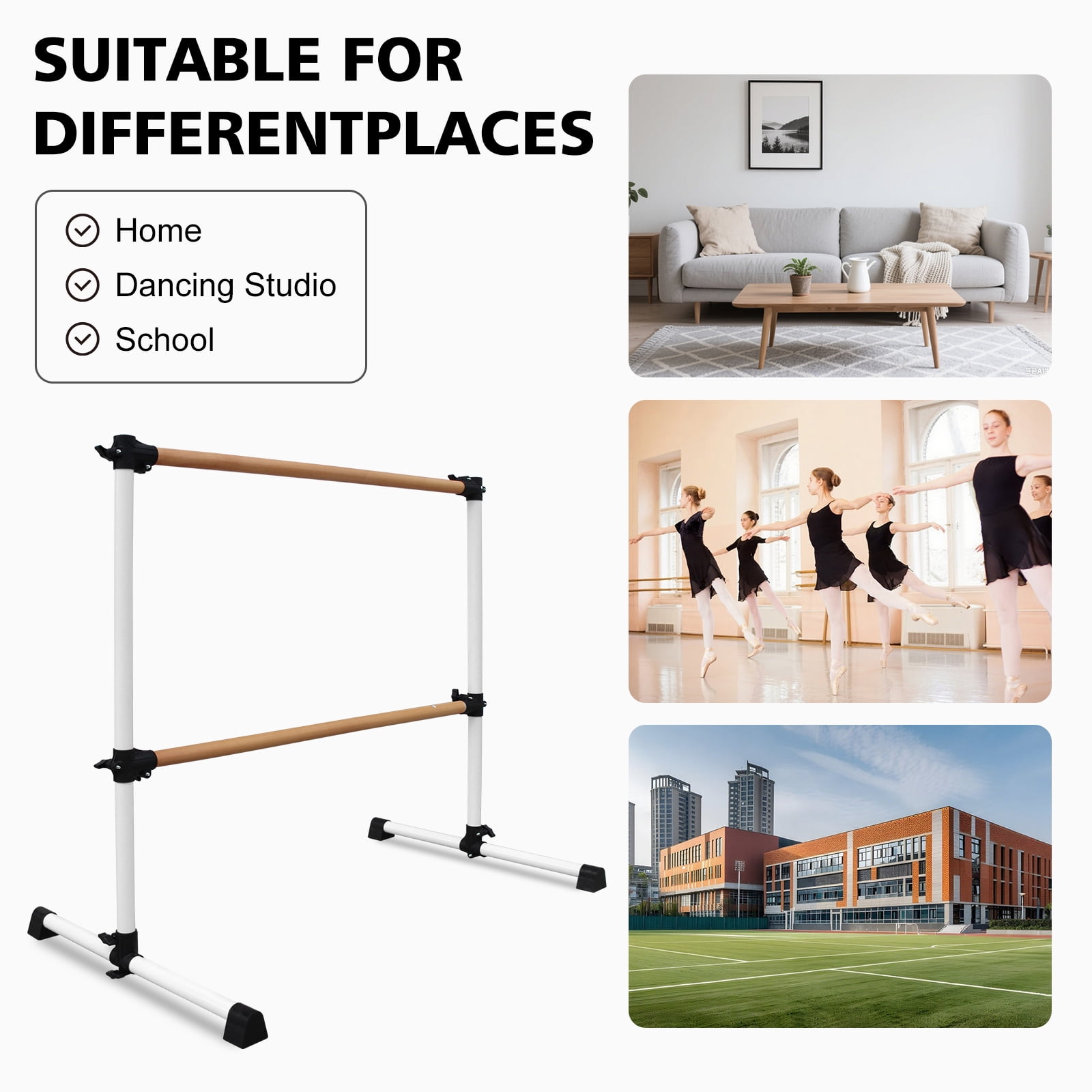 EUROCO 4FT Double Benchwood Ballet Barre, Freestanding and Adjustable Dance Barre
