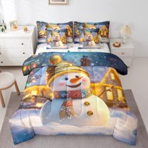 jejeloiu Cute Christmas Snowman Twin Bedding Sets 7-Piece,Marry Xmas Bedding Comforter Set,Happy New Year Sheet Sets For Child,Microfiber Bedroom Decor Reversible