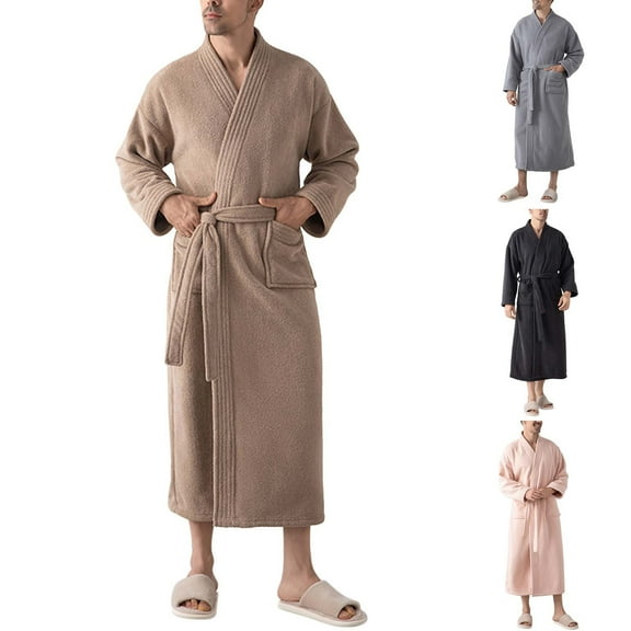 RYDCOT Mens Solid Color Casual Home Robe , Plush Fleece Mens Bathrobe, Long Sleeve Bath Robe for Men Pink