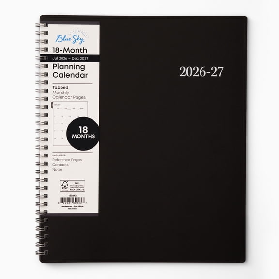 Blue Sky 2027 18 Month Monthly Planner Calendar, July 2026 - December 2027, 8" x 10", Monthly Layout, Flexible Cover, Silver Wirebound, Laminated Tabs, Enterprise