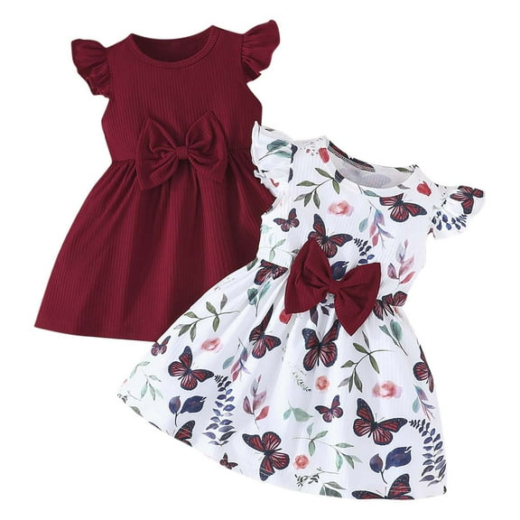 Zwiiyzr 2025 6M-3T Toddler Girls 2 Pack Dress Ruffle Sleeveless Floral Print Dress   Solid Color Dress for Girl Sets Casual Dress Set Red