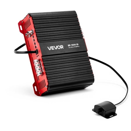 VEVOR Monoblock Car Amplifier, 1500W RMS MAX, 1/2/4 Ohm Stable, 1-Channel Class D Car Audio Amplifier with Remote Subwoofer Level Control, Low Pass Filter and Bass Boost, Volume Controller Included