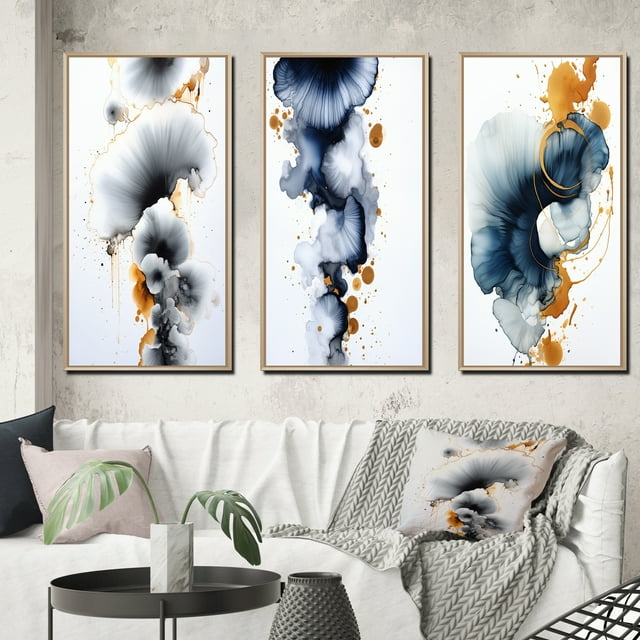 Designart "Miracle Abstract Ink Cloud with a Touch of Gold VI" Abstract Painting Framed Wall Art Set Of 3 - Blue Modern Frame Gallery Wall Set For Home Decor