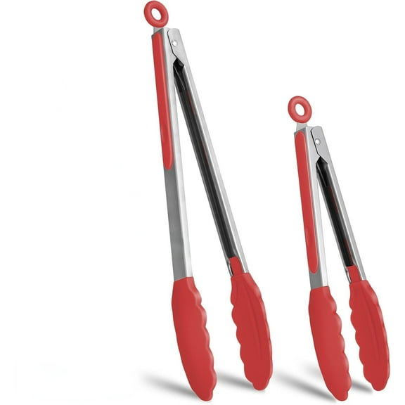Premium Stainless Steel Locking Kitchen Tongs with Silicon Tips, Set of 2-9" and 12"(Red)