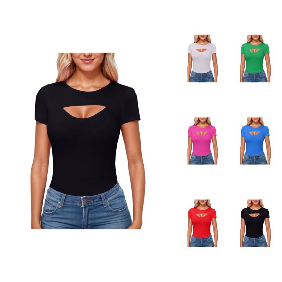 T Shirts for Women 2026 Summer Short Sleeve Crewneck Hollow out Ribbed Slim Fit Casual Tshirt