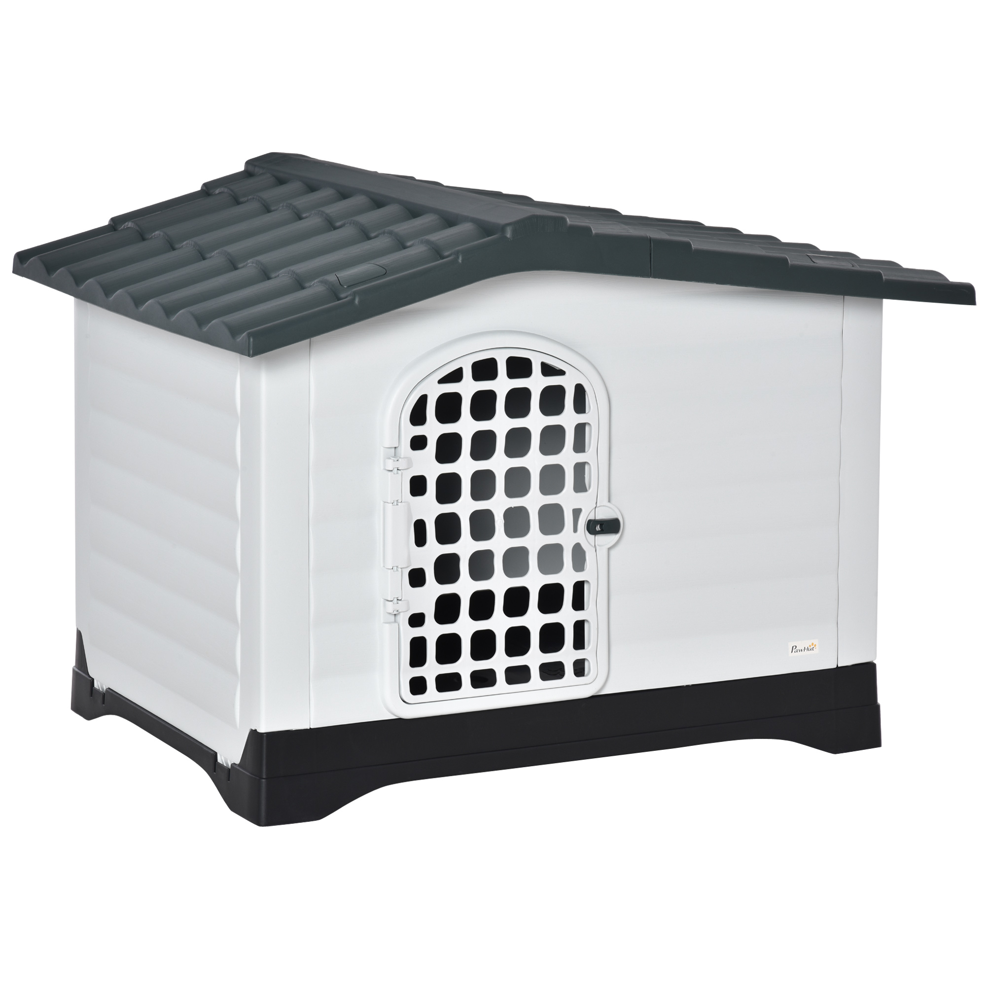 Pawhut Plastic Dog Kennel House Puppy Indoor Outdoor Pet Shelter With Raised Base Window Door For Medium Sized Dogs Grey And White Walmart Canada