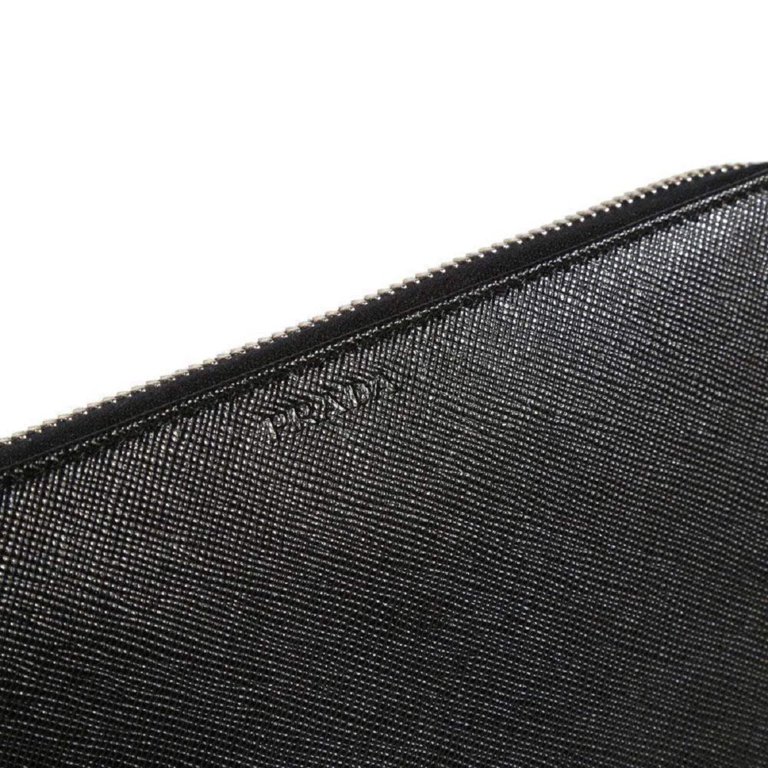 New Prada Saffiano Active Black Leather Stripe Zip Around Wallet