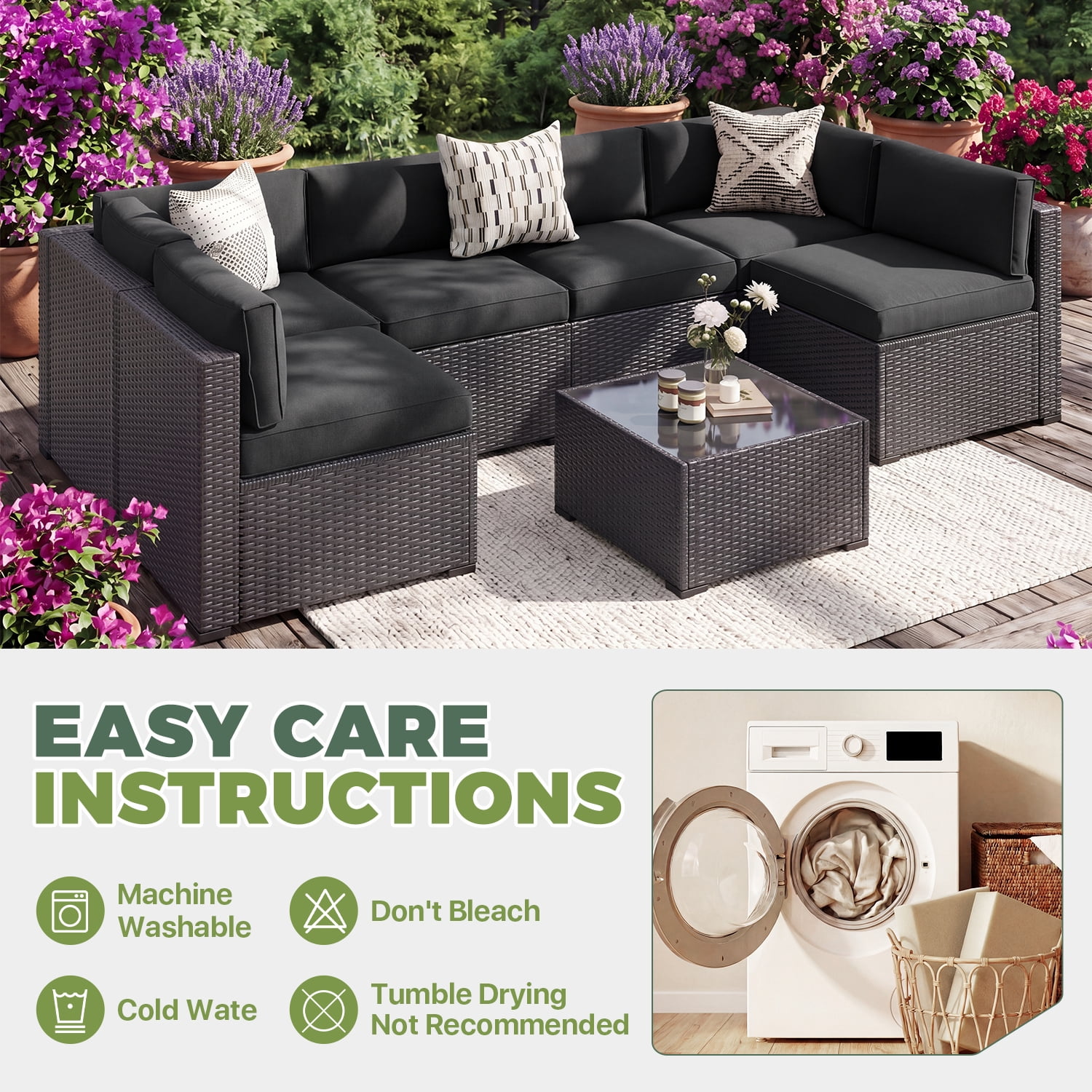 BaPiPro 14 Pack Black Outdoor Patio Sofa Cushion Replacement Covers, Fade‑Proof, Waterproof & Zippered, Wear‑Resistant, Stain‑Resistant Easy‑to‑Clean Slipcovers for Rattan Sectional Furniture