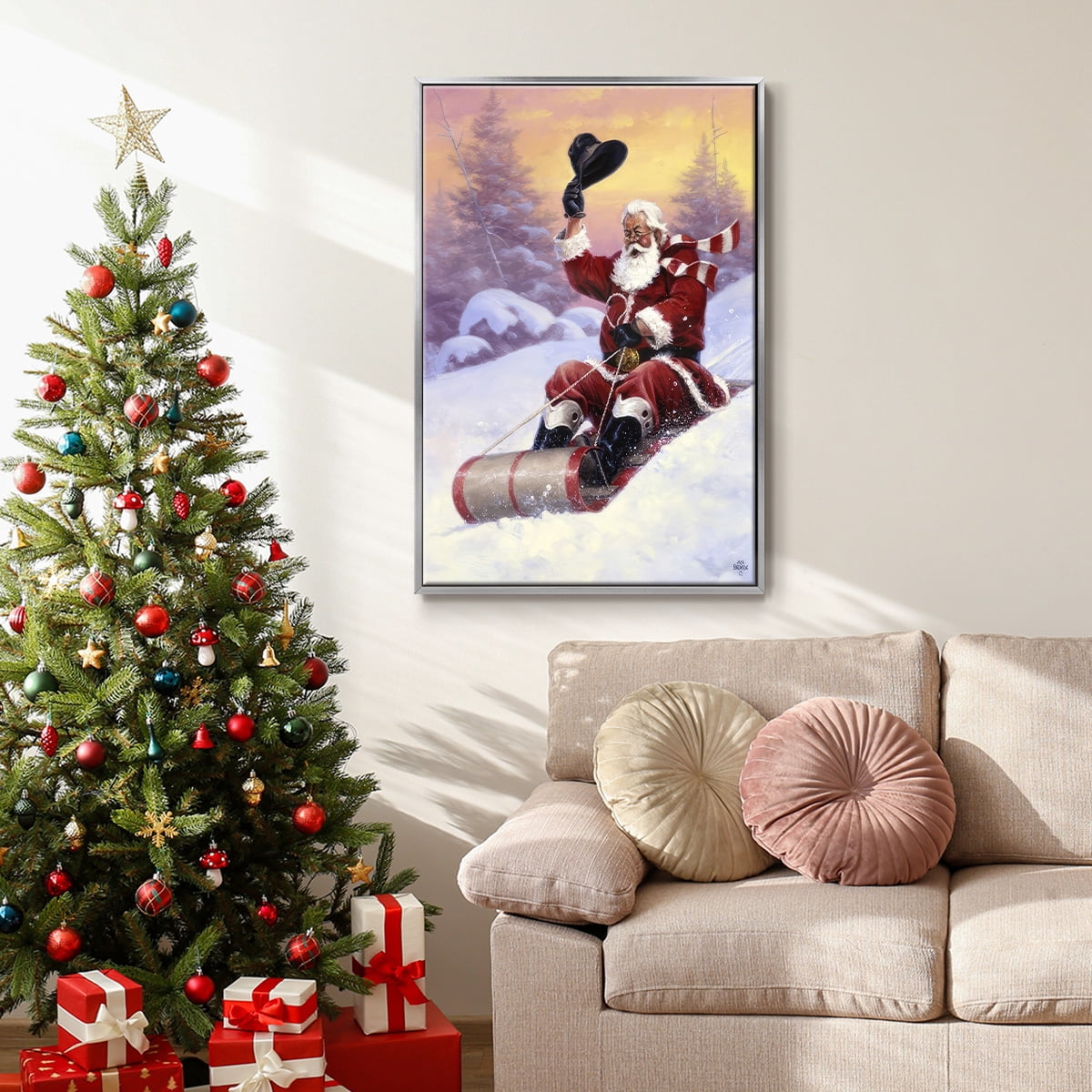 Here Comes Santa - Framed Gallery Wrapped Holiday Canvas - 25 x 37 - Silver Frame
