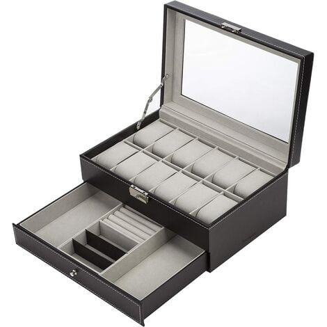 Watch Case with Jewelry Drawer for 12 Watches Display/Case/Storage Box (Black)