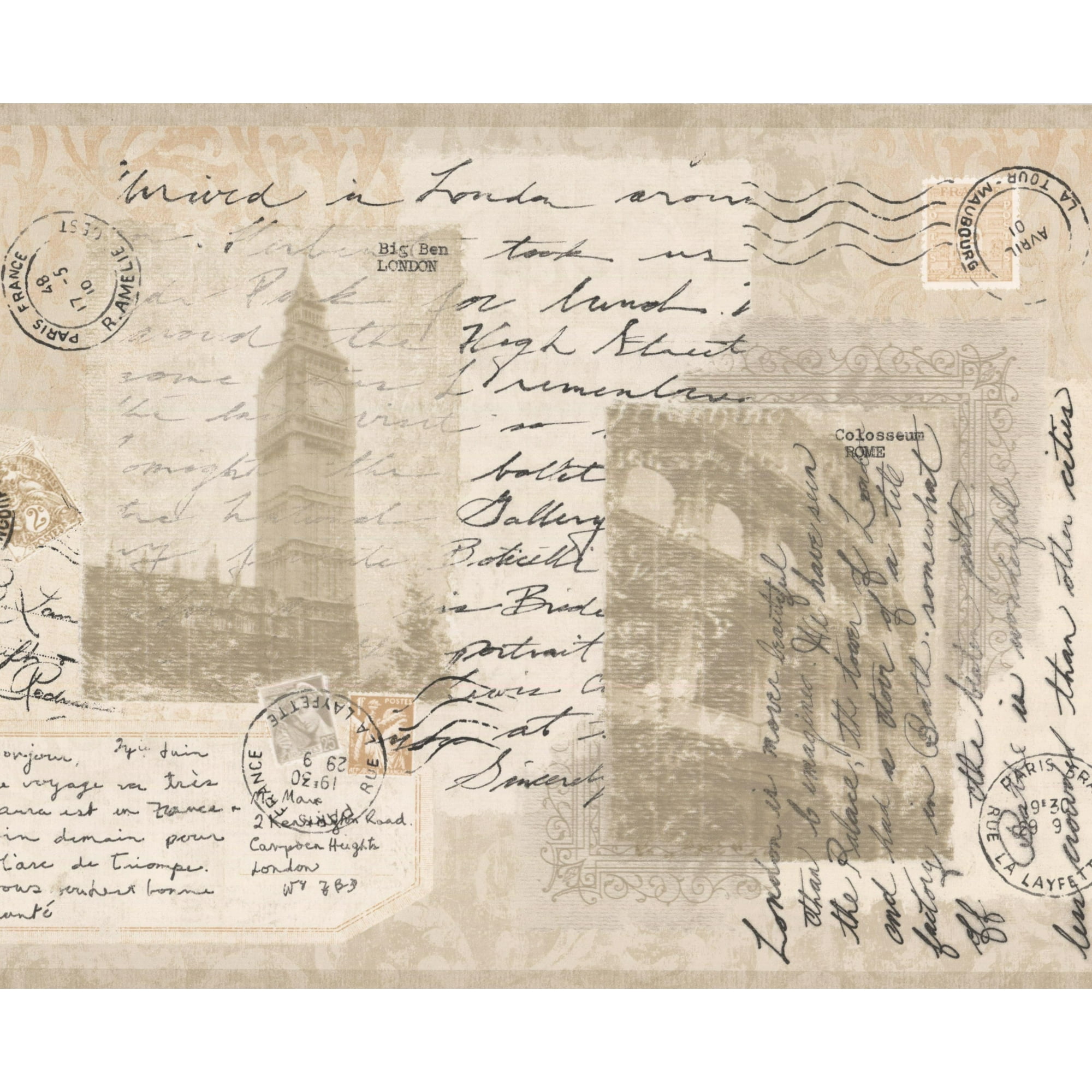 Postcards Letters From Around The World Vintage Beige Cream White Wallpaper Border Retro Design Roll 15 X 9