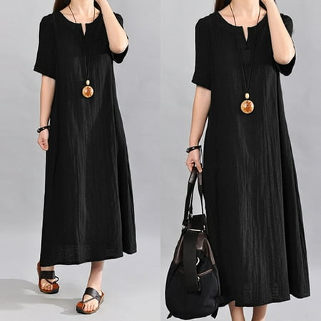 Plus Size Cotton Dresses - 2019 fashion Casual Solid V-Neck Women Plus Size Bohemia Short Sleeve Cotton Linen Dress