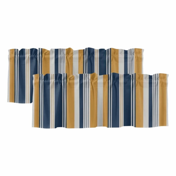 Blue Yellow Striped Curtain Valances for Windows, Kitchen Valance Window Treatments Panel 2 Pack, Modern Stripes Art Rod Pocket Short Curtains for Bathroom Bedroom 42 x 18 Inch