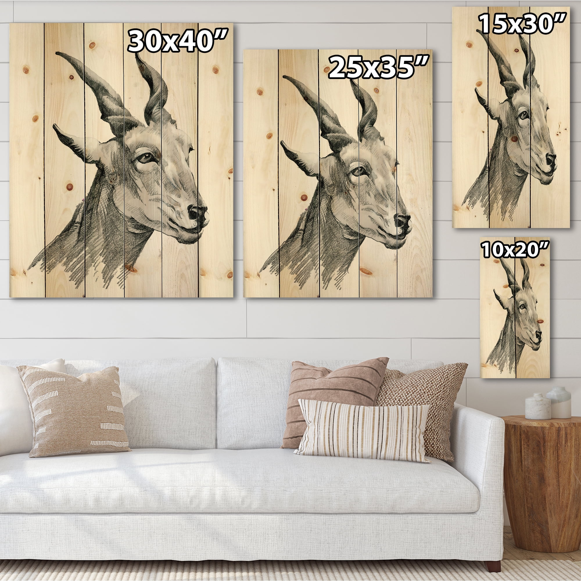 Designart 'Black and White Portrait Of Goat I' Farmhouse Print on Natural Pine Wood