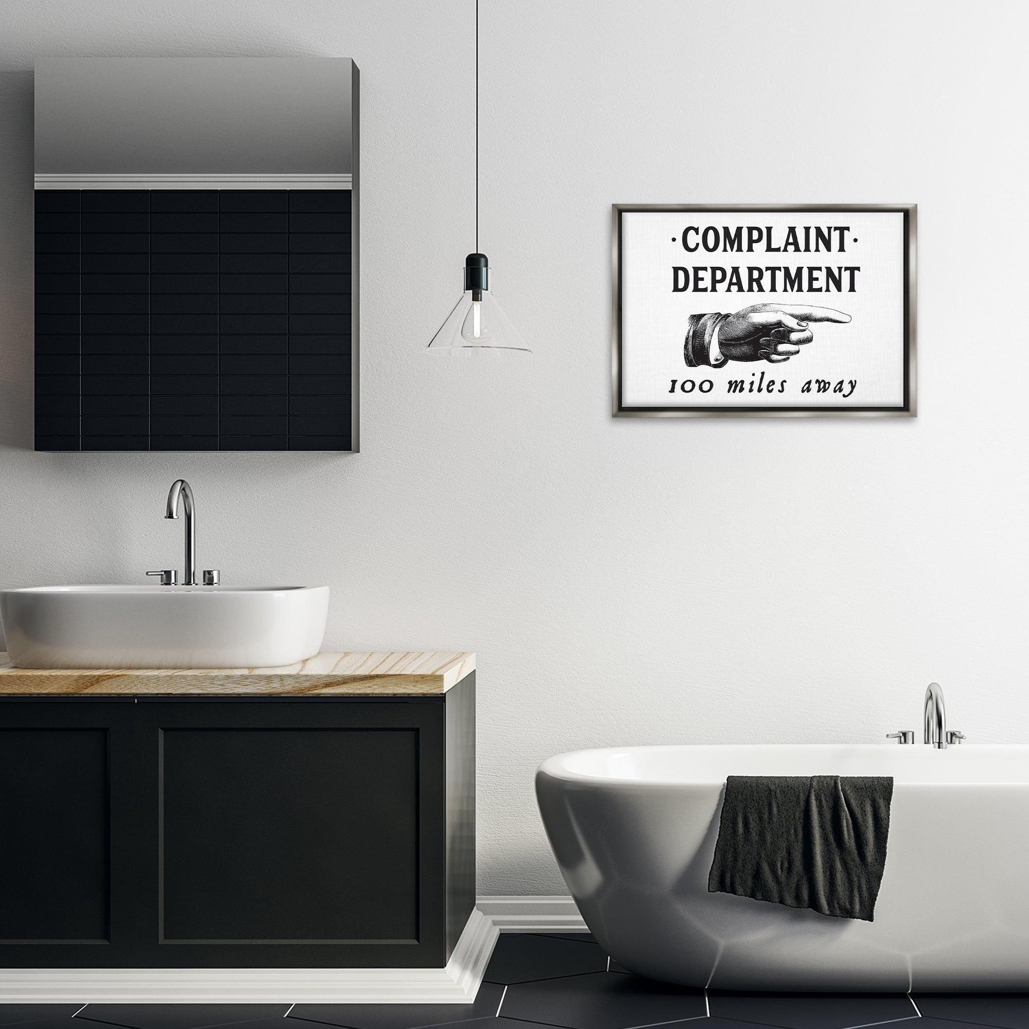 Stupell Industries Complaint Department Pointing Typography Painting Gray Floater Framed Canvas Art Print Wall Art, 25 x 17
