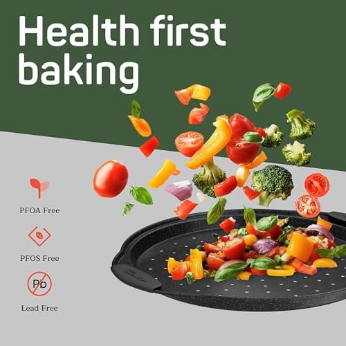 Nonstick Pizza Pan Set with Silicone Handles, Round Carbon Steel Tray 1 Pack 13-Inch with Perforated Holes, Oven & Dishwasher Safe Gray Marble