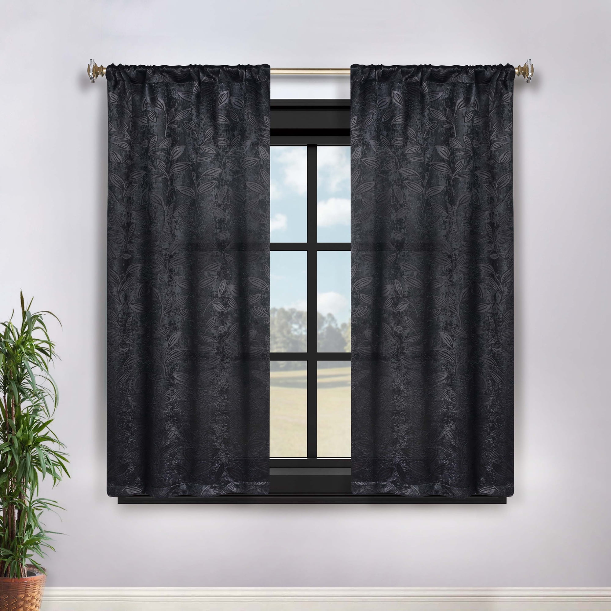 Superior Blackout Leaves Curtains Set of 2, Light Filtering Rod Pocket Curtain Panel Set, Black, 26"W x 63"L