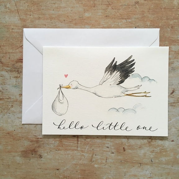 Hello Little One Baby Card – Adorable Stork Illustration – Blank Inside for Personal Messages – Perfect for Newborn Celebrations, Baby Showers, and Welcoming a New Baby