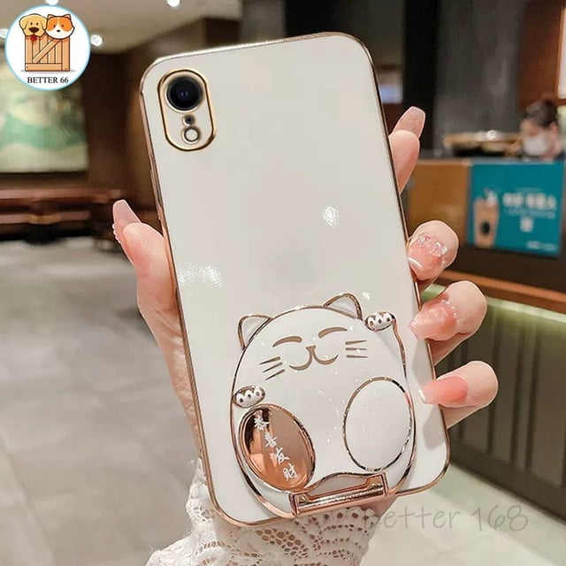 Para IPhone 11 12 13 Pro Max 14 Plus Borde De Chapado Pliegue Estereoscópico 6D Lindo Gato Soporte Color Caramelo Funda