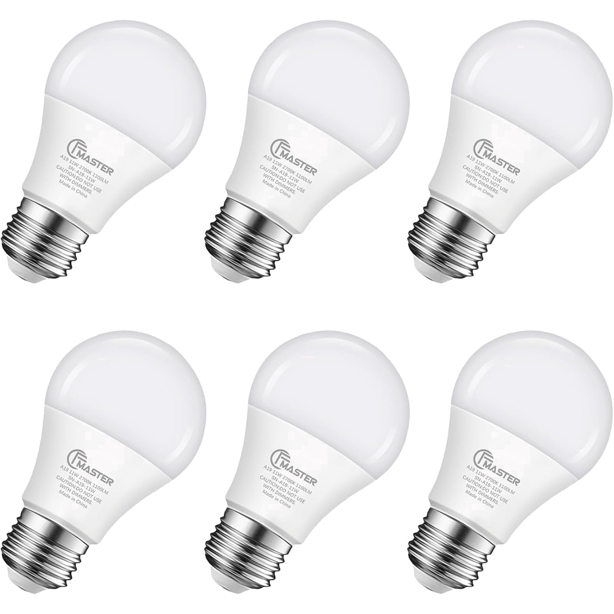 Plug'n A19 LED Light Bulb 11W (75W Equivalent) 2700K Warm White 1100 Lumens Non-Dimmable E26 Base Cri 85+ Flicker-Free 6-Pack