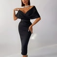 thumbnail image 3 of Aayomet Plus Size Dress for Women Women Elegant Dress Solid Color Dress Off Shoulder Dresses Party Club Evening V Neck,Black S, 3 of 5