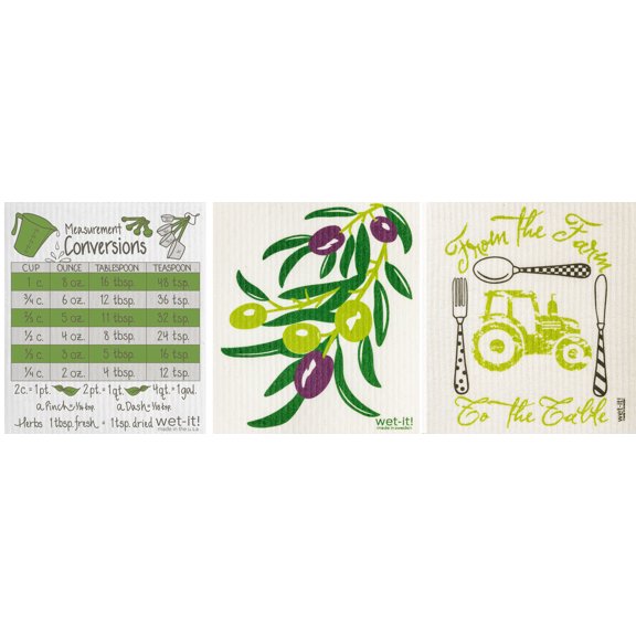 Wet-It! Swedish Treasures Dishcloth & Cleaning Cloth - Set of 3 - Cooking Measurements, Olives & Farm-To-Table - (Paper Towel Replacement)