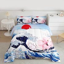 Manfei Cartoon Ocean Wave Queen Comforter Set for Teen, Japanese Cherry Blossoms Bedding Comforter Set, Tokyo Theme Bedding Set, Ultra Soft Home Decor, 3pcs