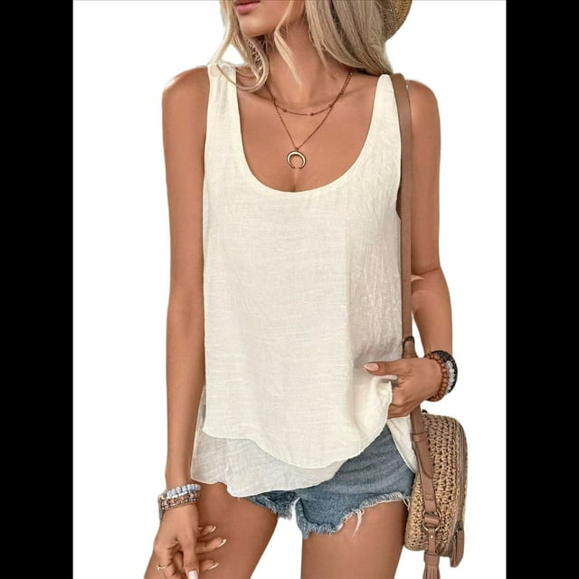 Camiseta Sin Mangas Holgada con para Mujer, Cuello Redondo, Sin Mangas, Blusas Informales para Vacaciones, Color Albaricoque S