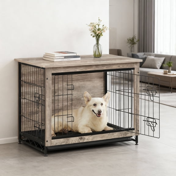 LEDREM Dog Crate Furniture, 32.5-Inch Indoor Dog Kennel with Double Doors, Removable Tray, Side Table, for Dogs up to 45 lb, Greige