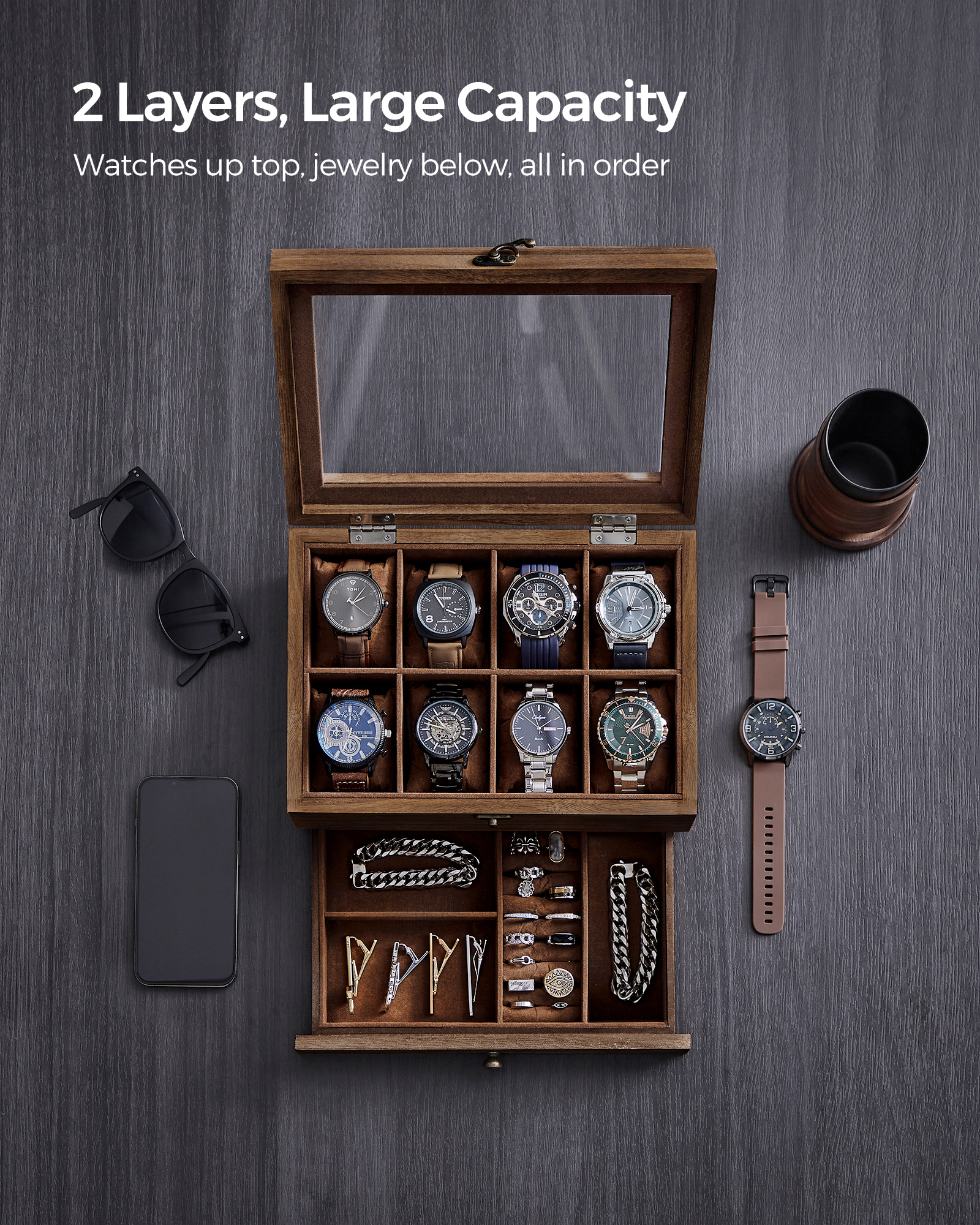 SONGMICS 2-Tier Rustic Walnut Watch Display Box photo 3