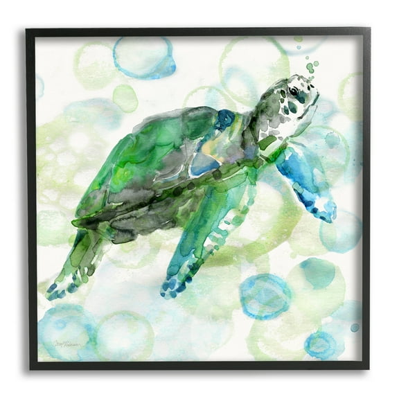 Stupell Industries Aquatic Sea Turtle Water Bubbles Watercolor Detail Painting Black Framed Art Print Wall Art, Design by Carol Robinson