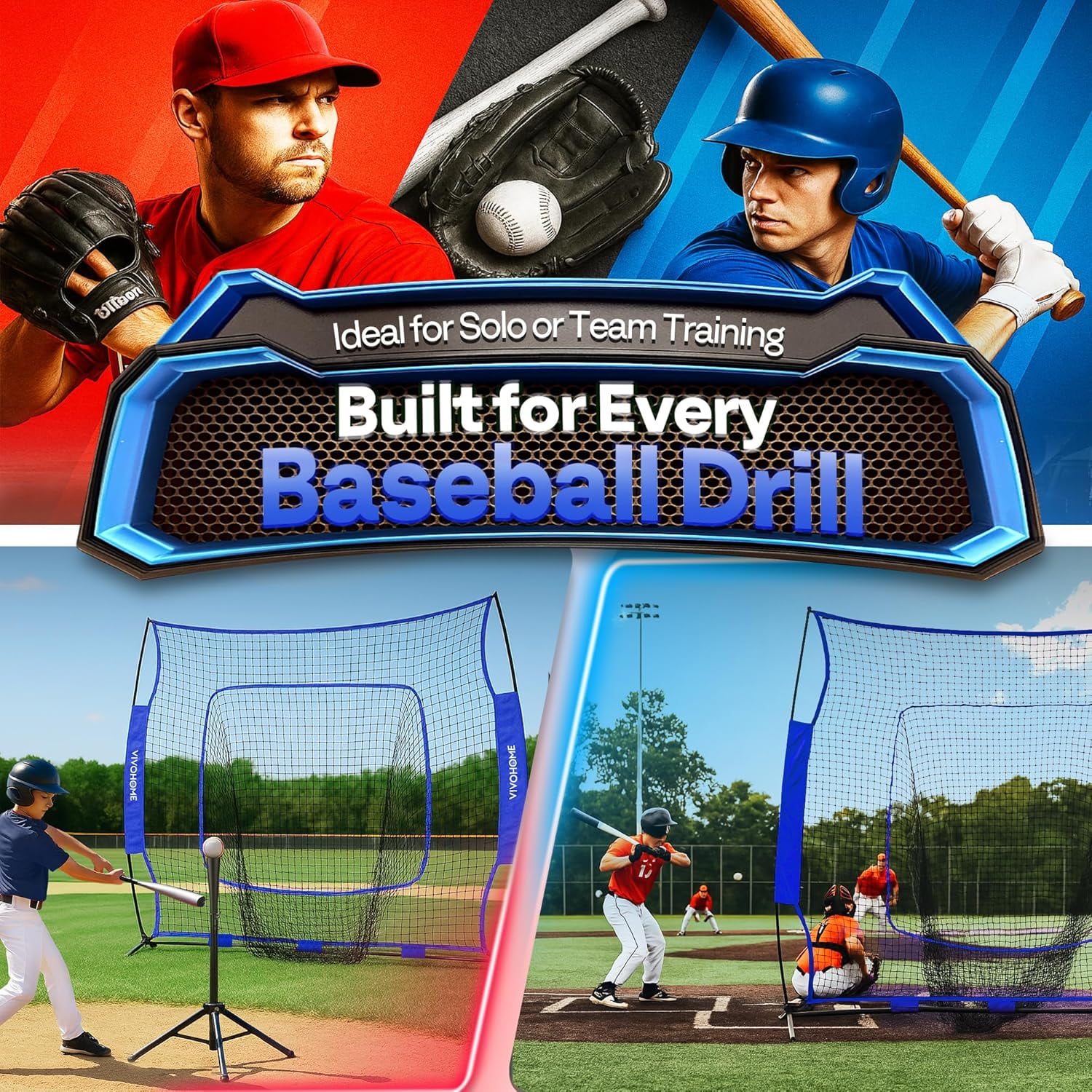 SPECSTAR 7x7Ft Baseball Softball Practice Net with Batting Tee and Carry Bag for Hitting Pitching, Blue