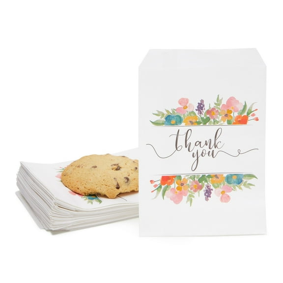 Juvale Paper Bags for Cookies & Treats - 7.5 x 5 in, White, 100 Pack - Thank You Pouches with Flowers & Floral Paper Party Favors - Wedding Favor Candy Bags