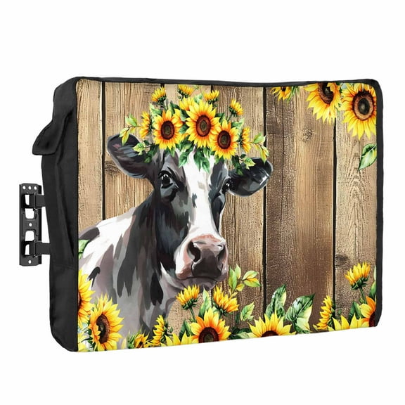 Outdoor TV Cover 48 to 50 Inches, Cow Sunflower Plant Farm Flower Vintage Wood Grain Waterproof and Weatherproof TV Cover with Remote Control Pocket, Flat Screen TV Cover Protector for Outside TV