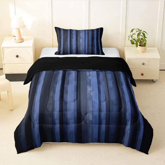 Manfei Pixel Vertical Streak Twin Comforter Sets, Dark Blue Block Bedding Set, Dark Blue Black, Black Reversible 2 Pieces, 1 Comforter and 1 Pillowcase