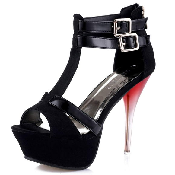 GATUXUS Open Toe Women Platform High Heel Shoes Strappy Pump for Party Prom (US 5, Pure Black)