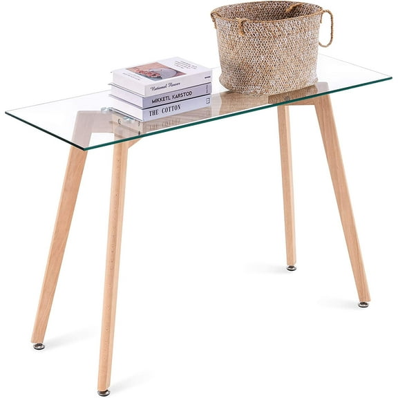 Ivinta Small Glass Console Table with Solid Wood Legs for Entryway, Hallway