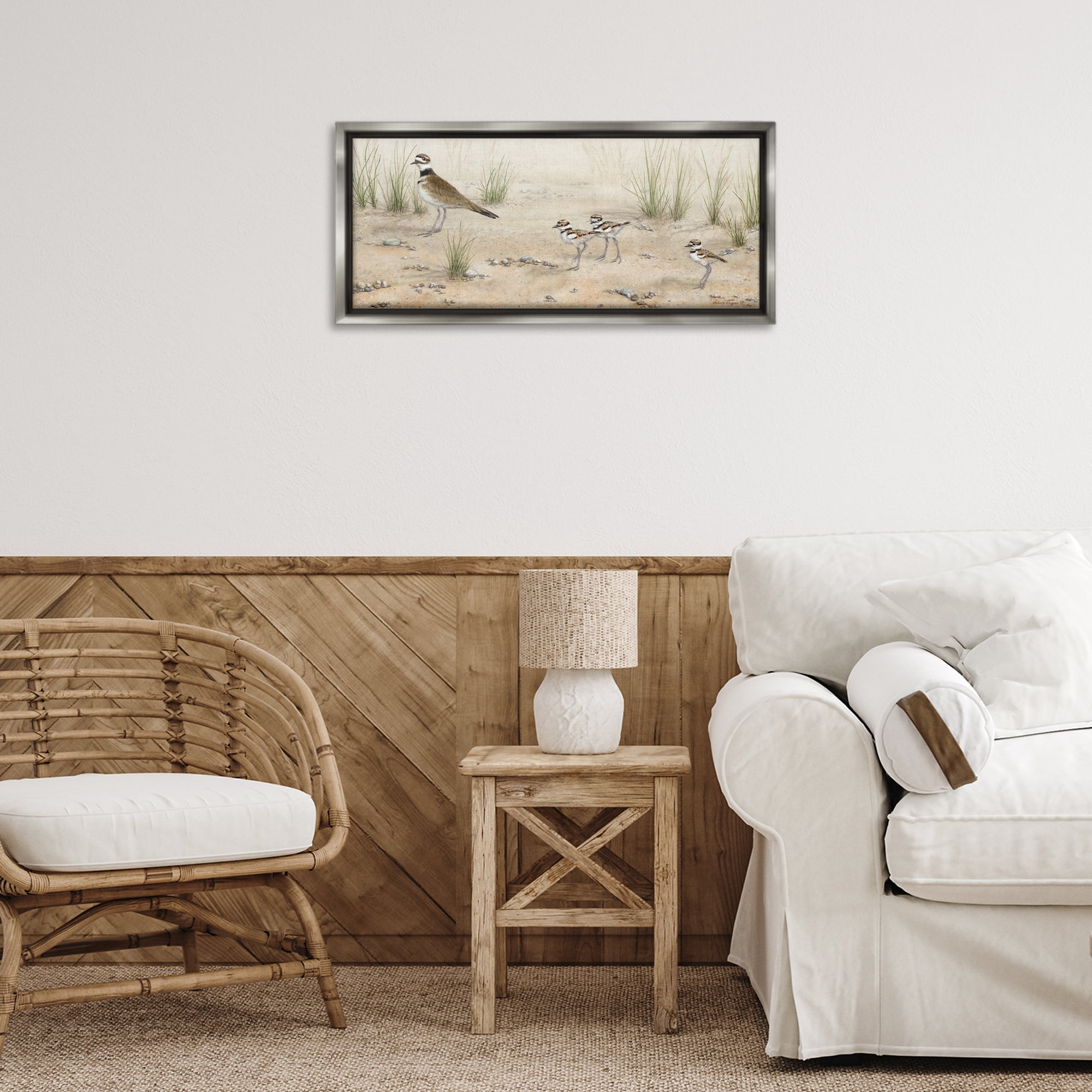 Stupell Industries Kildeer Birds Stepping Landscape & Nature Painting Gray Floater Framed Canvas Art Print Wall Art, 25 x 11
