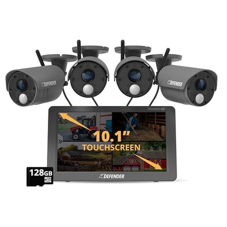 Defender Phoenix HD Wireless Security Camera System with 10.1” Touchscreen Monitor, 4 HD Outdoor Security Cameras, No WiFi Required, 1000ft Range, Two Way Talk, Includes 128GB SD Card…