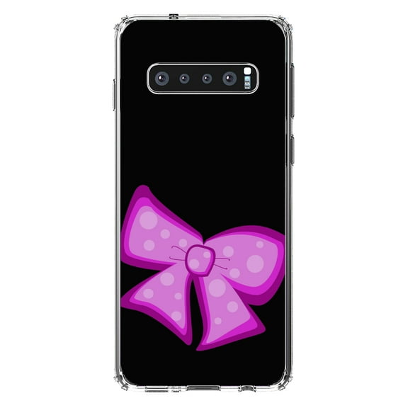 DistinctInk Clear Shockproof Hybrid Case for Samsung Galaxy S10 (6.1" Screen) - TPU Bumper, Acrylic Back, Tempered Glass Screen Protector - Pink Black Bow Ribbon - Cartoon Bows / Ribbons