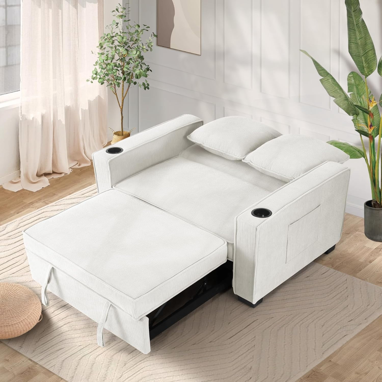 Tapoja 3-in-1 Convertible Sleeper Sofa Bed, Linen Fabric Pull Out Couch Bed, Loveseat with Spring Support, Adjustable Backrest Perfect for Dorms, Apartments, and Home Offices Dark Grey
