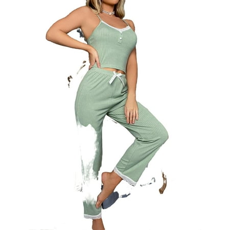 

Casual Plain Spaghetti Strap Pant Sets Mint Green Sleeveless Women Pajama Sets M