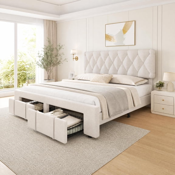 Queen Bed Frame with Storage Drawers, Upholstered Headboard, Wooden Slat Support, Metal Center Beam and No Box Spring Required