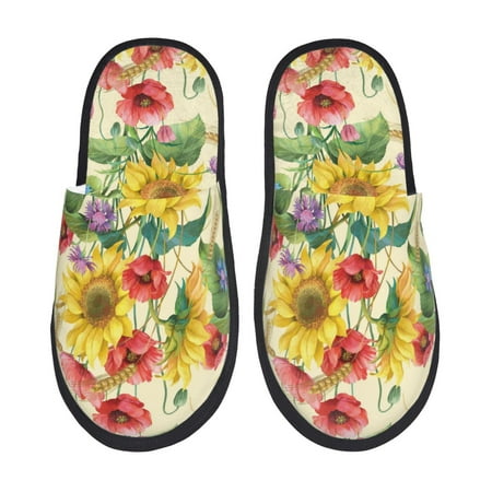 Balery Sunflower Cornflower Poppy Slient Indoor Furry Fleece Comfort House Shoes Soft Non-Slip Home Shoes Cotton slippers House Slippers-- Medium