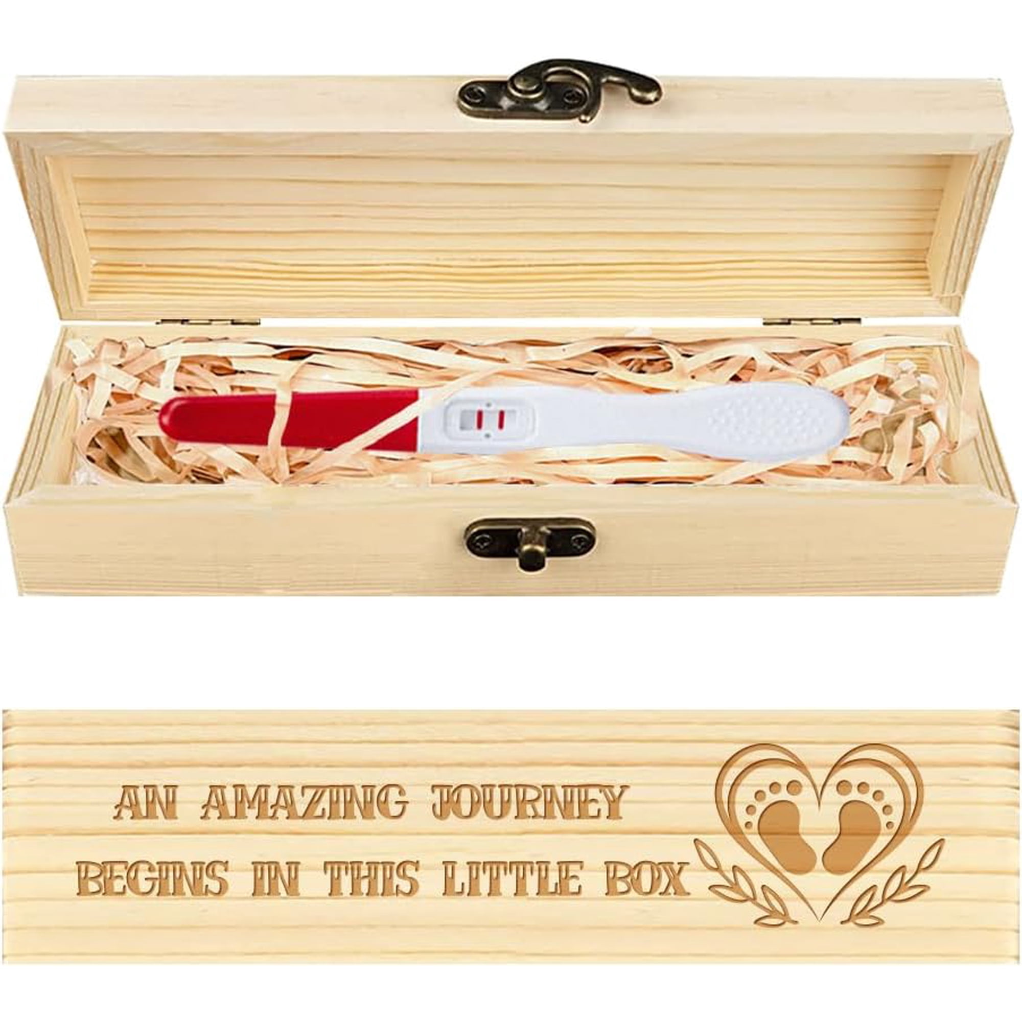 Pregnancy Test Keepsake Box Love Footprints Wooden Pregnancy Announcement Gifts Box with Raffia Ribbon and Lock Wooden Keepsake Box Announcement Gifts for Dad Husband 8x2x1.2inch DIY
