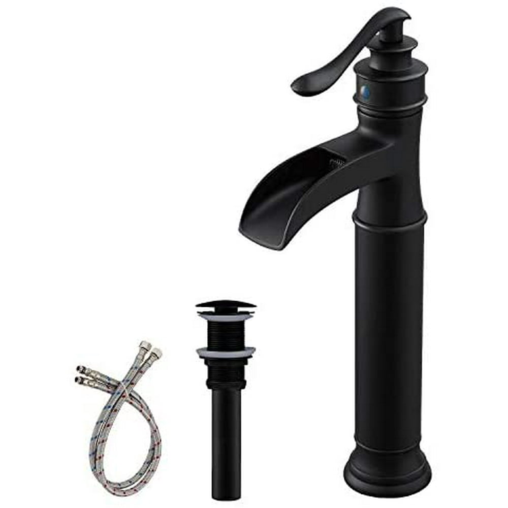 BWE Matte Black Waterfall Commercial Single Handle One Hole Bathroom Vessel Sink Faucet Deck