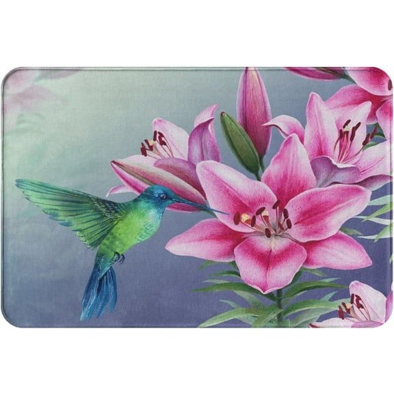 Door Mat Bird Hummingbird with Pink Flower Design Bath Rugs Outdoor Doormat Non Slip Absorbent Bathroom Rug Carpet for Home Entrance Kitchen 16X24Inch