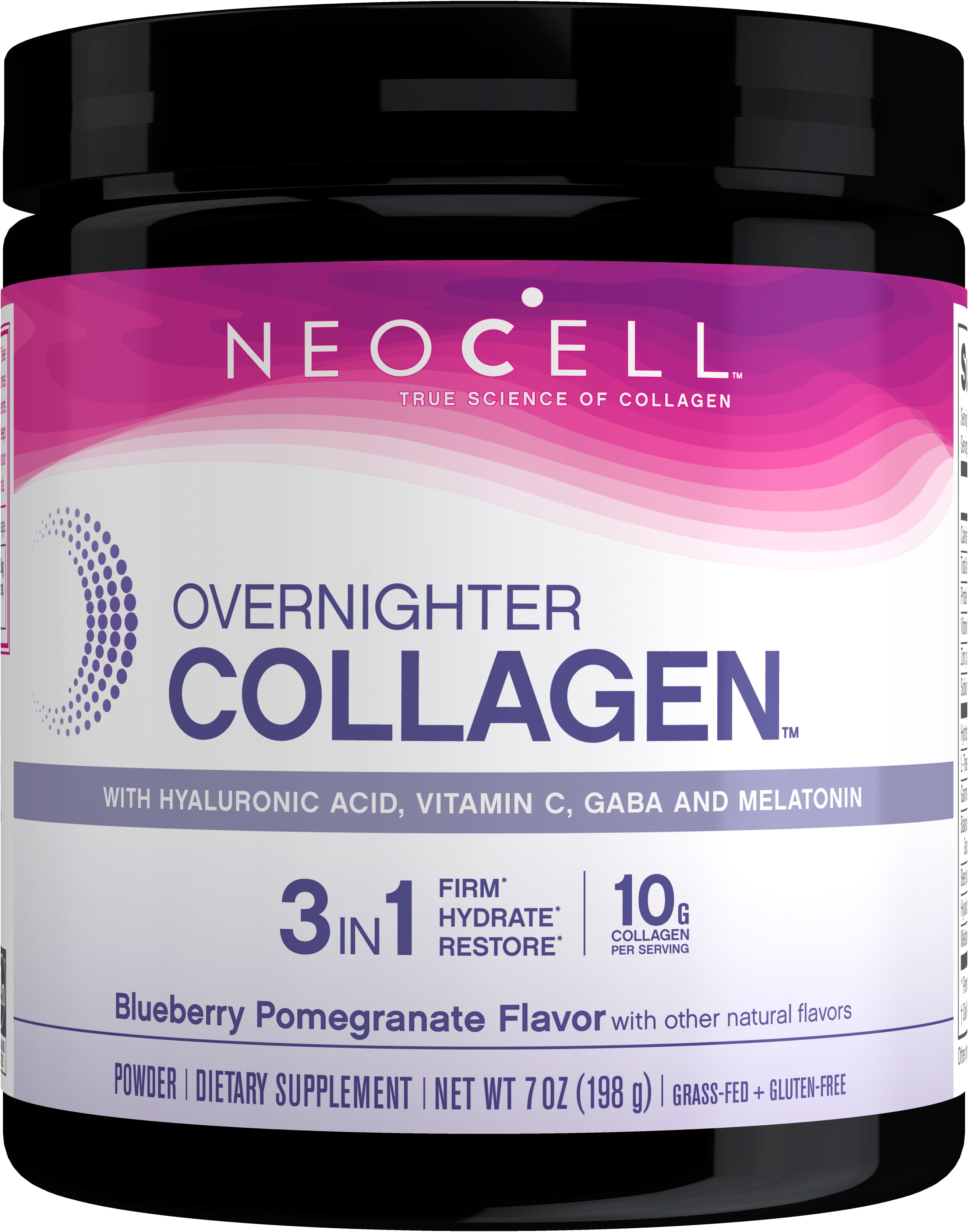 Neocell Overnighter Collagen Powder with Hyaluronic Acid, Vitamin C, GABA and Melatonin, 3 in 1: Firm, Hydrate and Restore, Blueberry Pomegranate Flavor, 7 Ounces