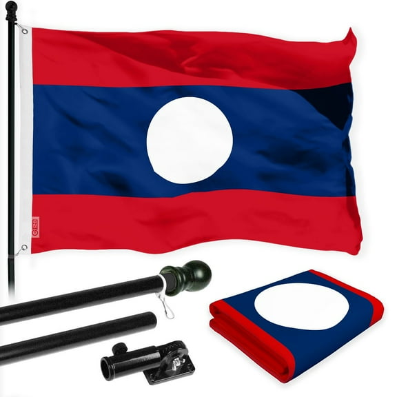 G128 Combo Pack: 6 Ft Tangle Free Spinning Flagpole (Black) & Laos Flag 3x5 Ft Printed 150D Polyester, Brass Grommets (Flag Included) Aluminum Flag Pole