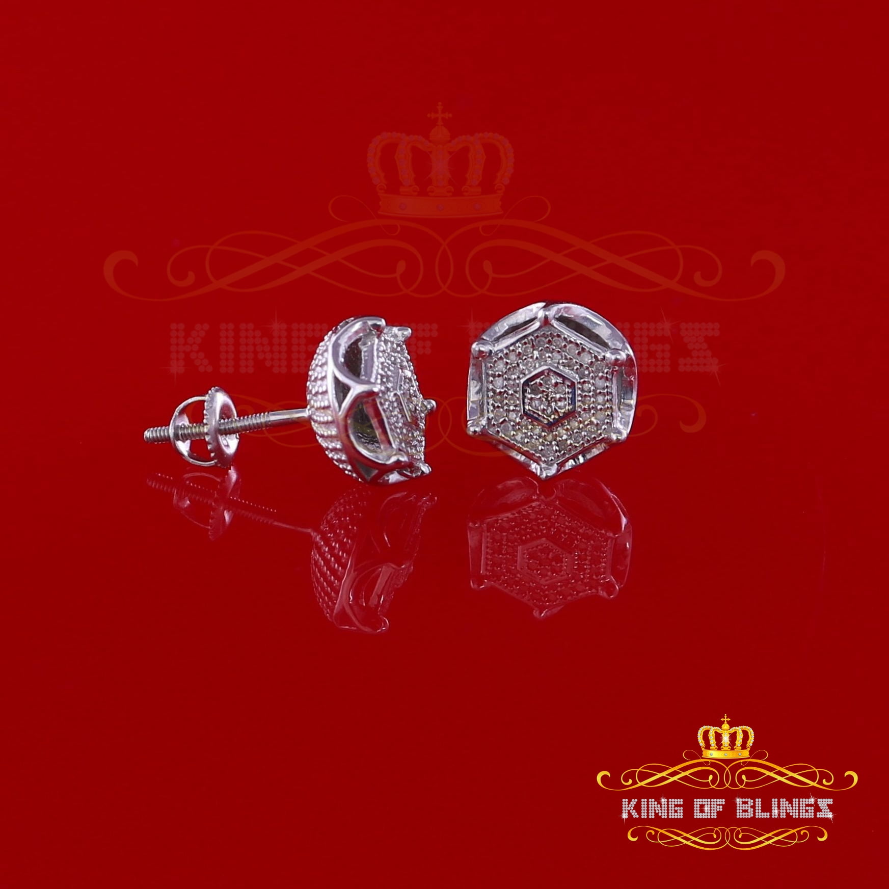 King of Bling's 0.25ct Diamond Stud Hexagon Earrings For Women White 925 Sterling Silver For Men